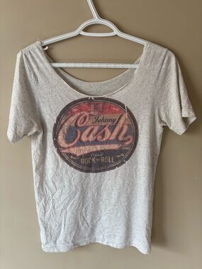 Johnny Cash Graphic Women’s Off The Shoulder Tee - Light Heather Gray